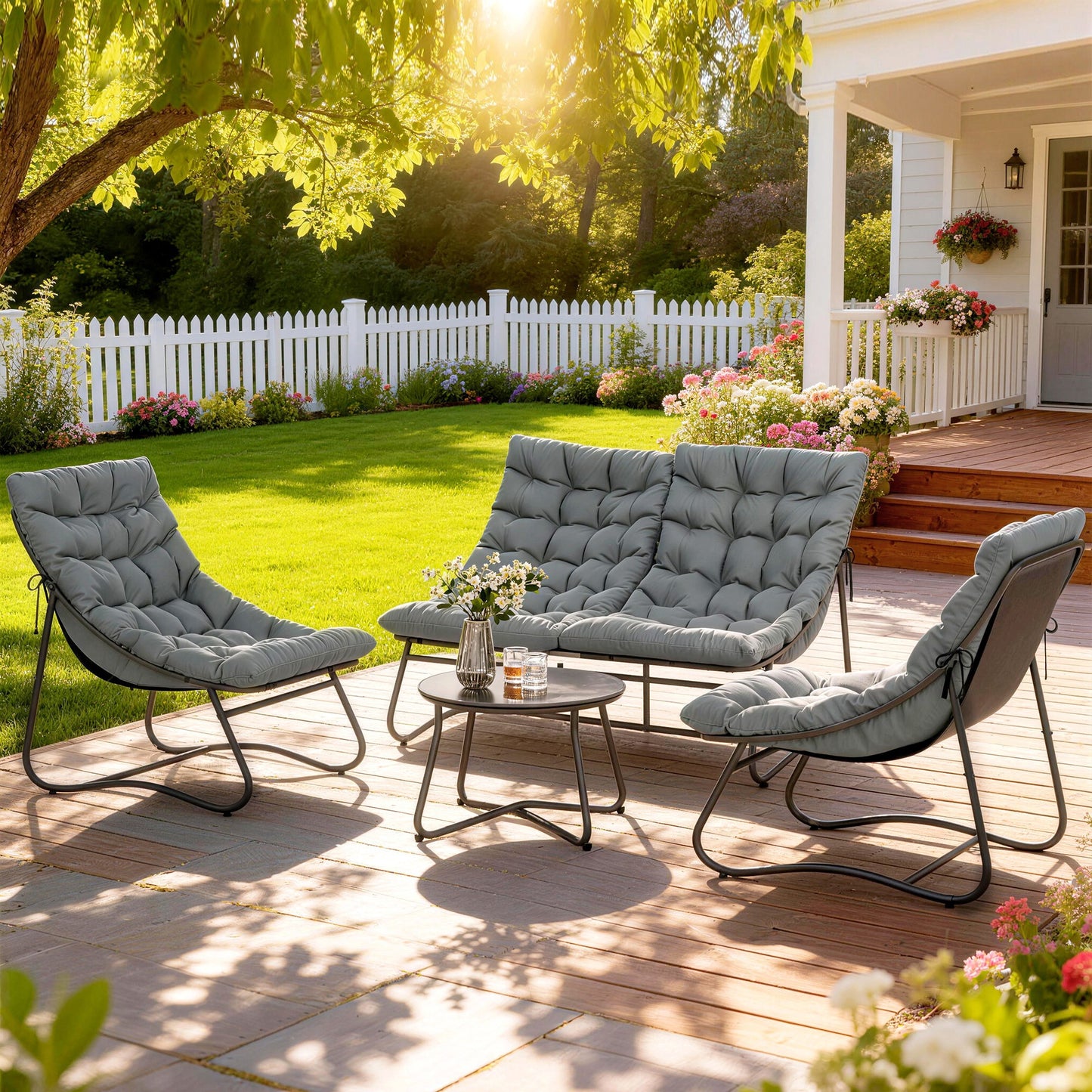 4 Piece Patio Furniture Set, Outdoor Furniture Conversation Set with Loveseat, Chairs Round Metal Table, Cushions, Grey