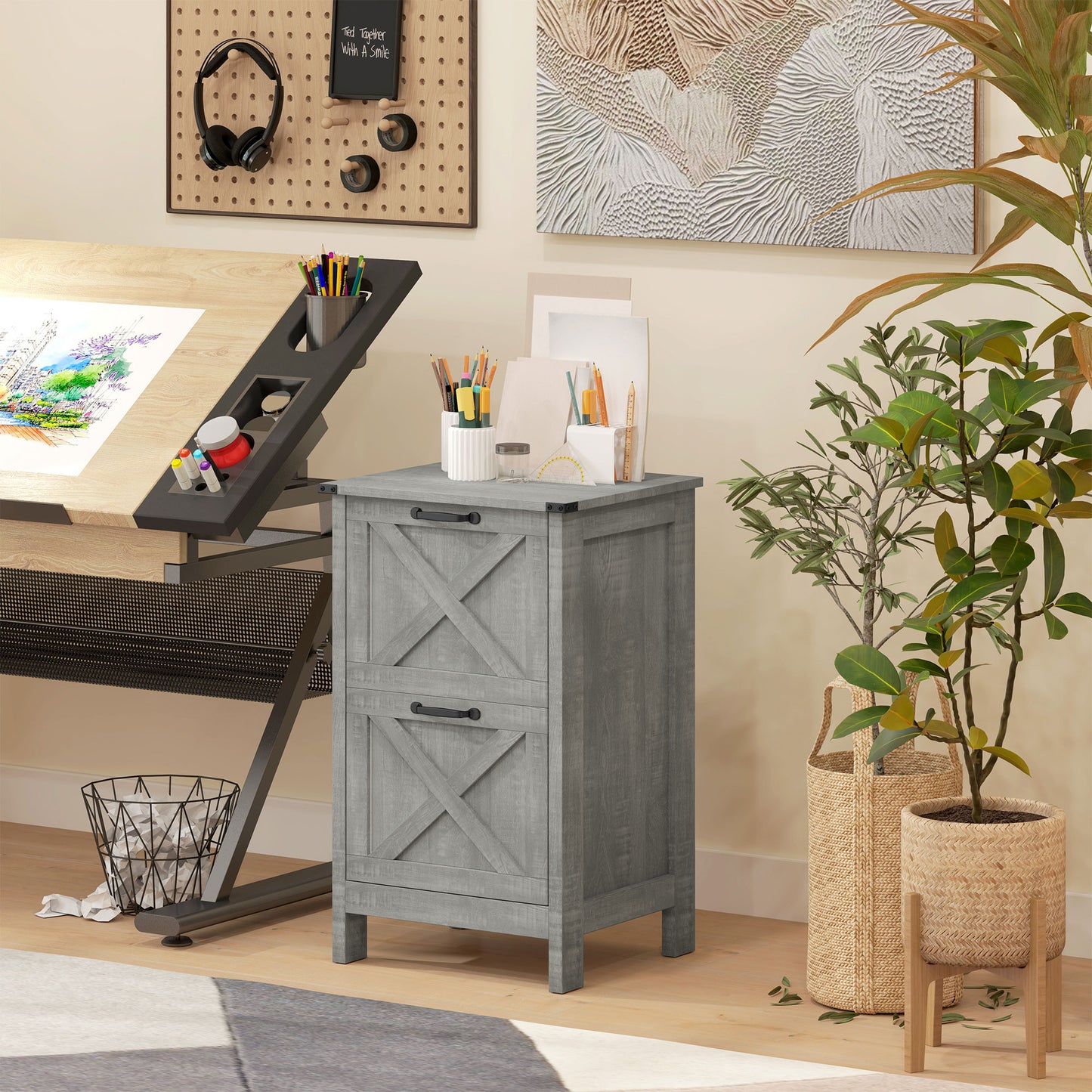 Vertical Filing Cabinet with 2 Drawers, Rustic Farmhouse Office Storage Cabinet for A4, Letter Size, Stone Grey