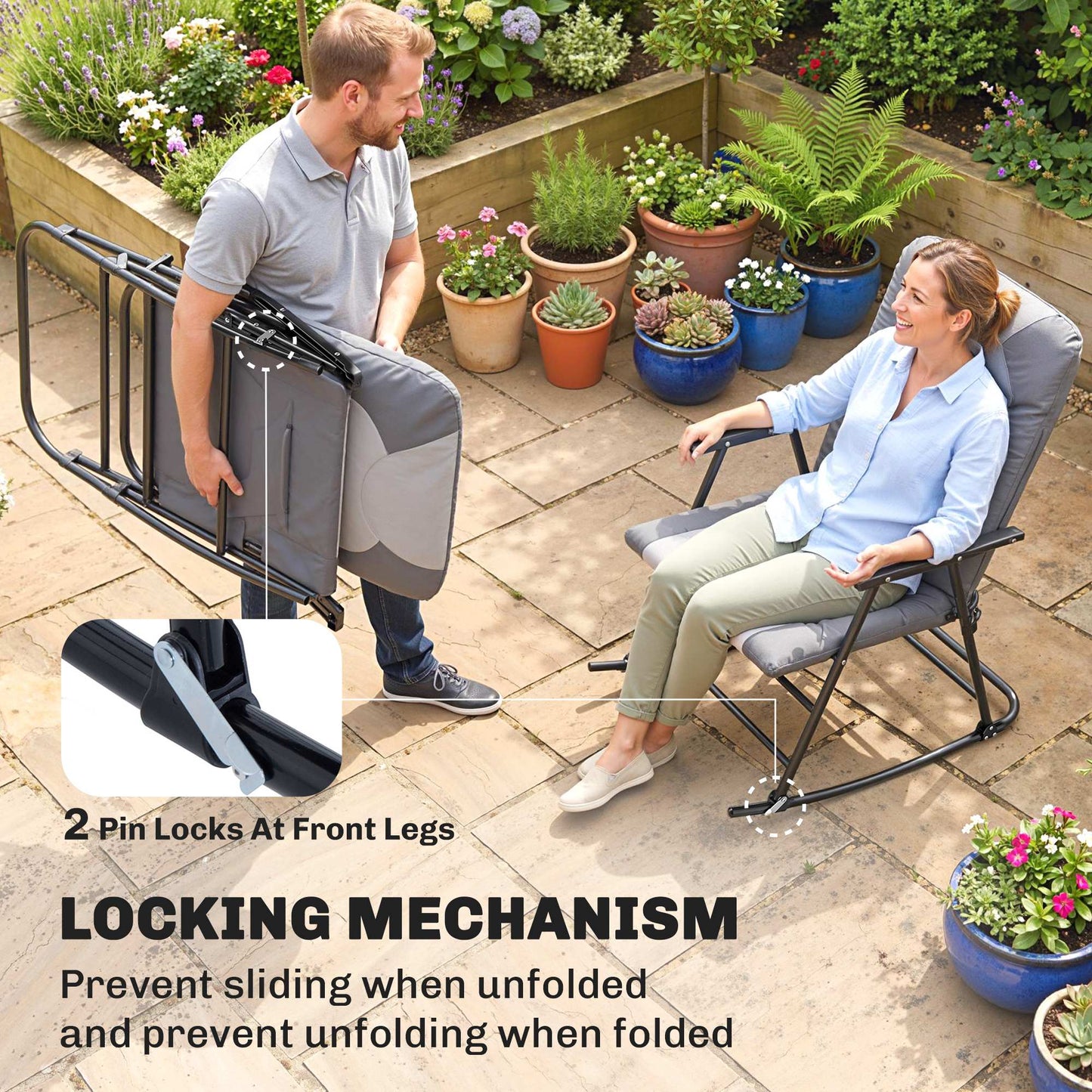 Folding Rocking Chair Set of 2 Padded Rockers with Armrest, Light Grey