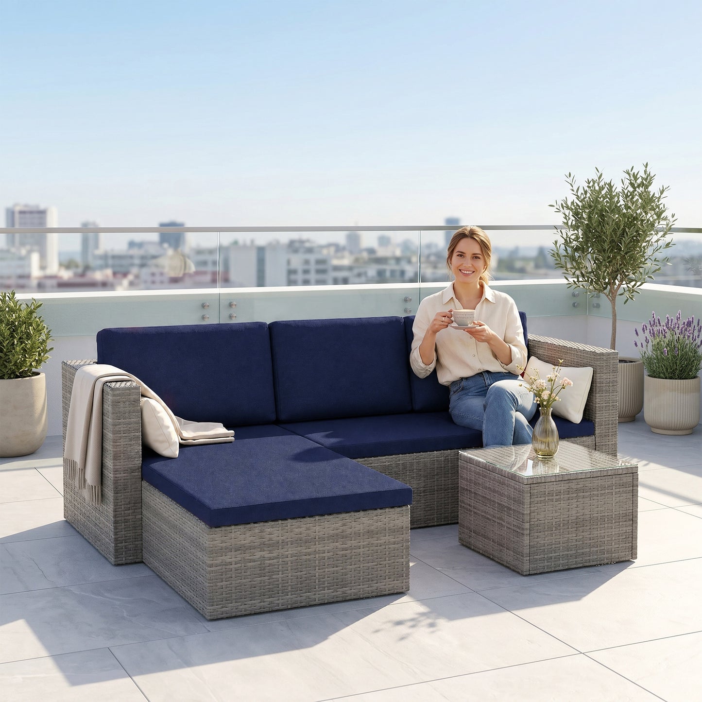 3pcs Modern Rattan Sofa Set, Wicker Patio Furniture Set with Coffee Table, Cushions, Pillows