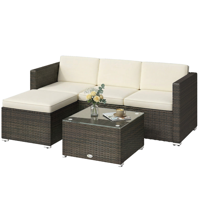 Cream White 3-Piece Rattan Sofa Set with Glass Table