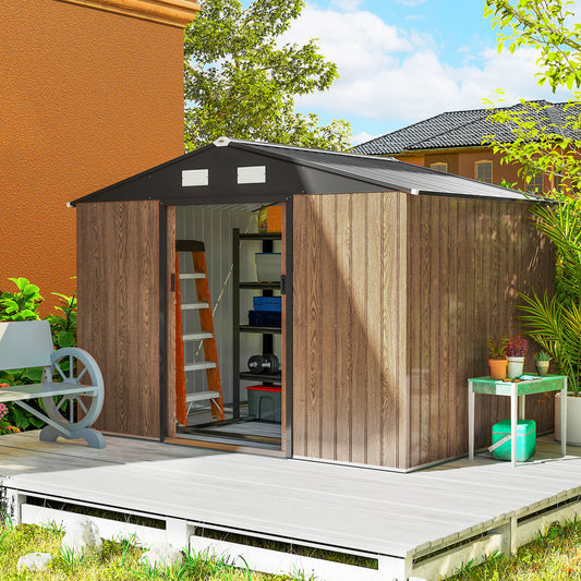 9.1'x6.4'x6.3' Garden Storage Shed, Outdoor Storage Tool House with Vents, Foundation and Lockable Double Doors, Teak
