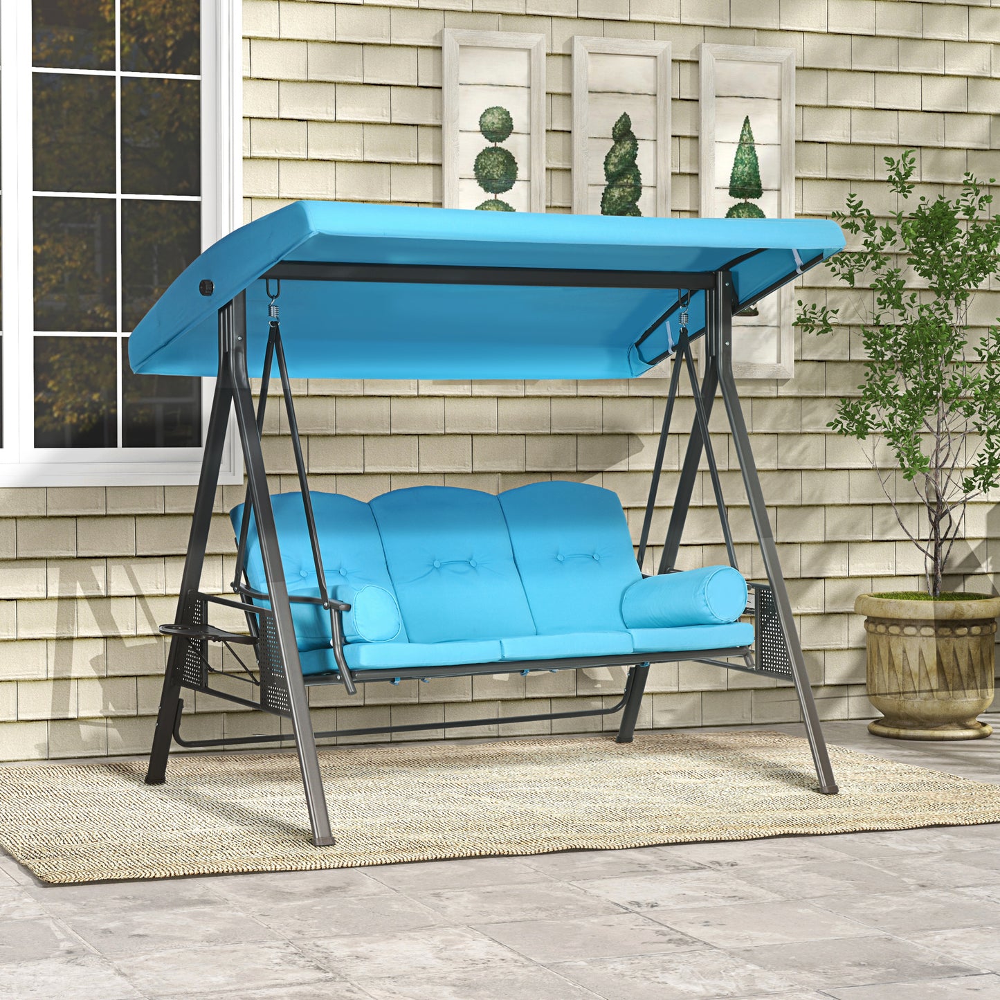 Outdoor Patio 3-Person Steel Canopy Cushioned Seat Bench Swing with Included Side Trays & Padded Comfort, Wine Red - Blue