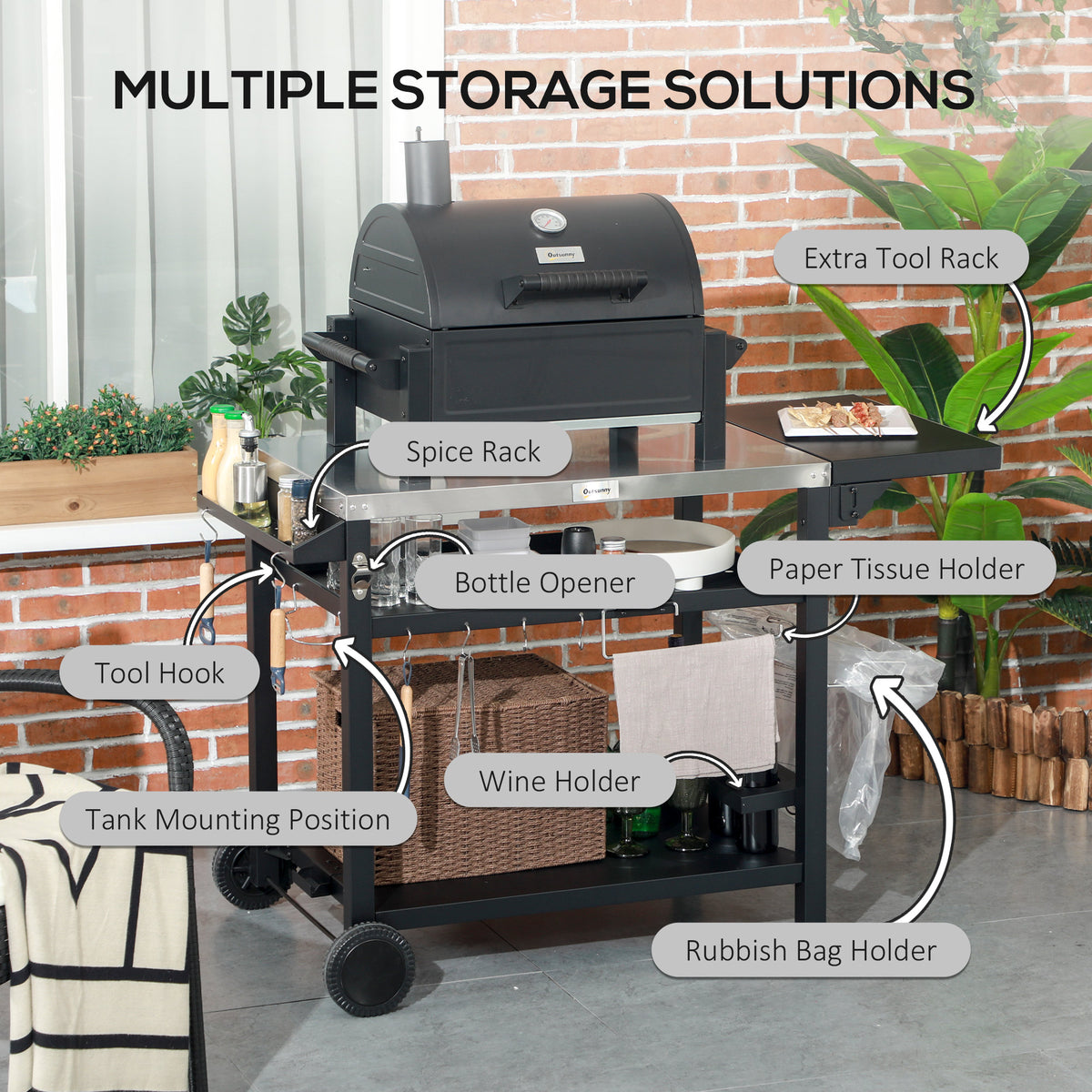 3-Shelf Grill Cart with Foldable Side Table & Stainless Steel Top