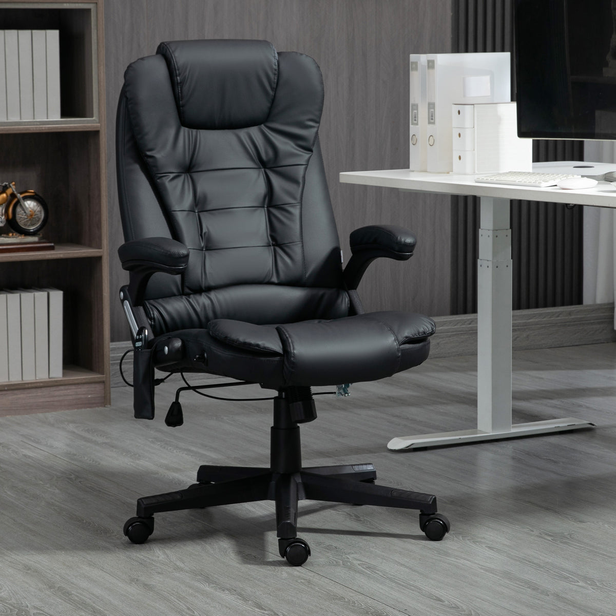 Executive Heated Massage Office Chair, High-Back Reclining Swivel Chair, Vibrating Adjustable Leather Chair, Black