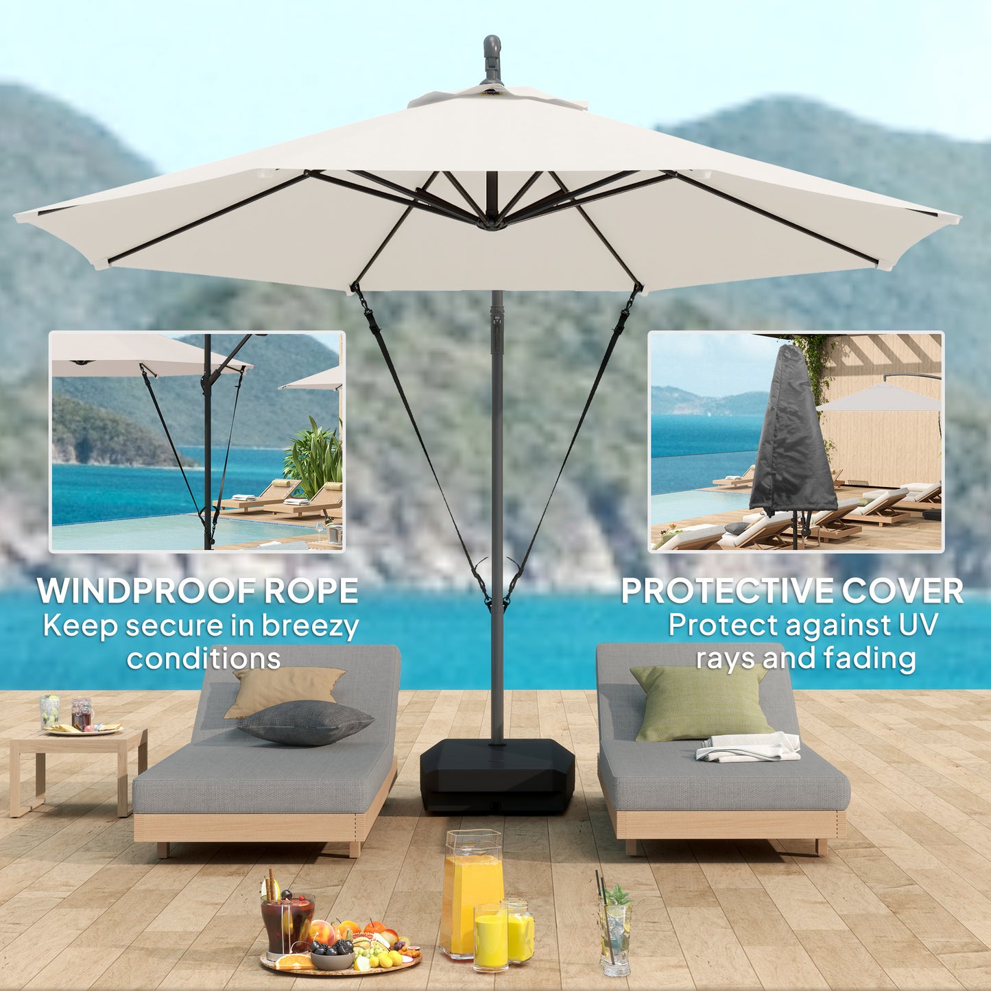 10FT Cantilever Umbrella with Fillable Base, Wind Strap and Cover, Offset Hanging Umbrella with Crank, Cream White