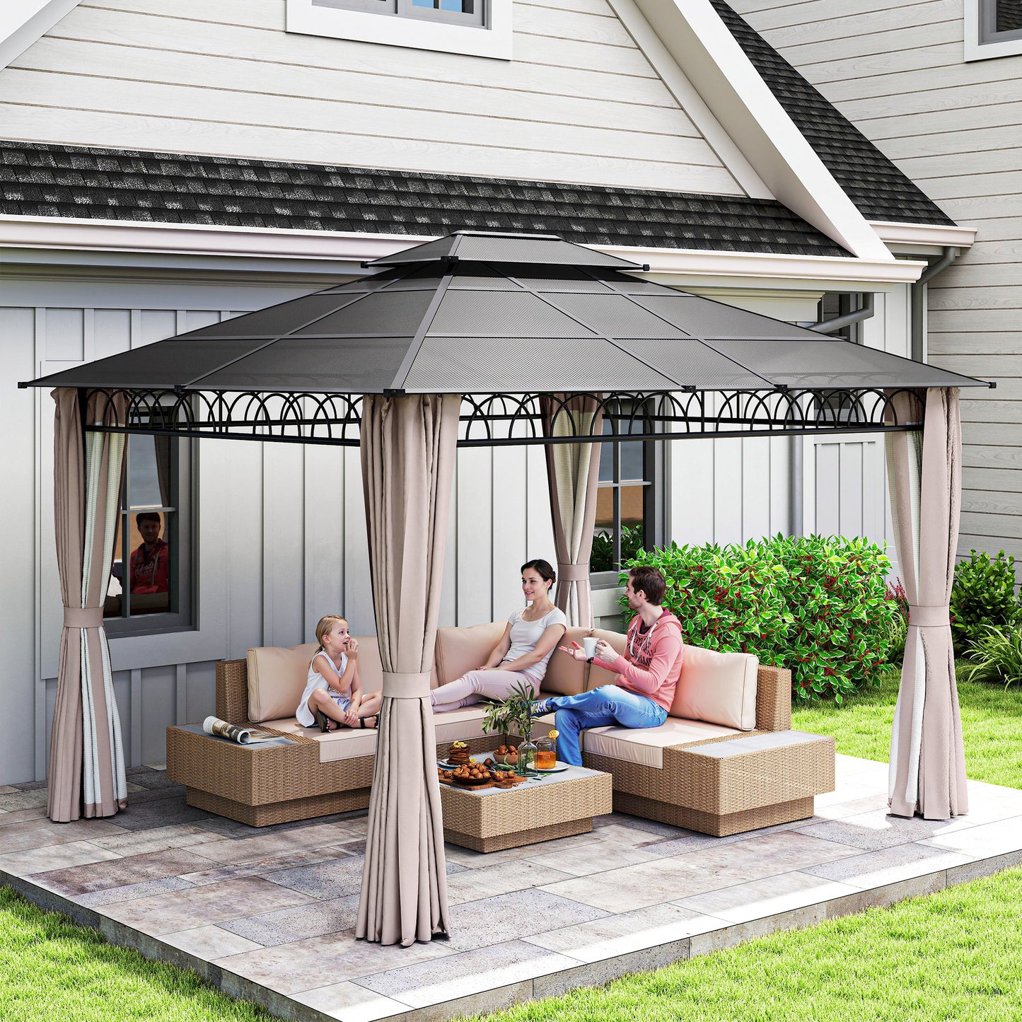 10' x 12' Outdoor Gazebo Canopy, Double Roof Hardtop Gazebo with Polycarbonate Roof, Steel Frame, Nettings and Curtains, for Garden, Lawn, Backyard and Deck, Khaki