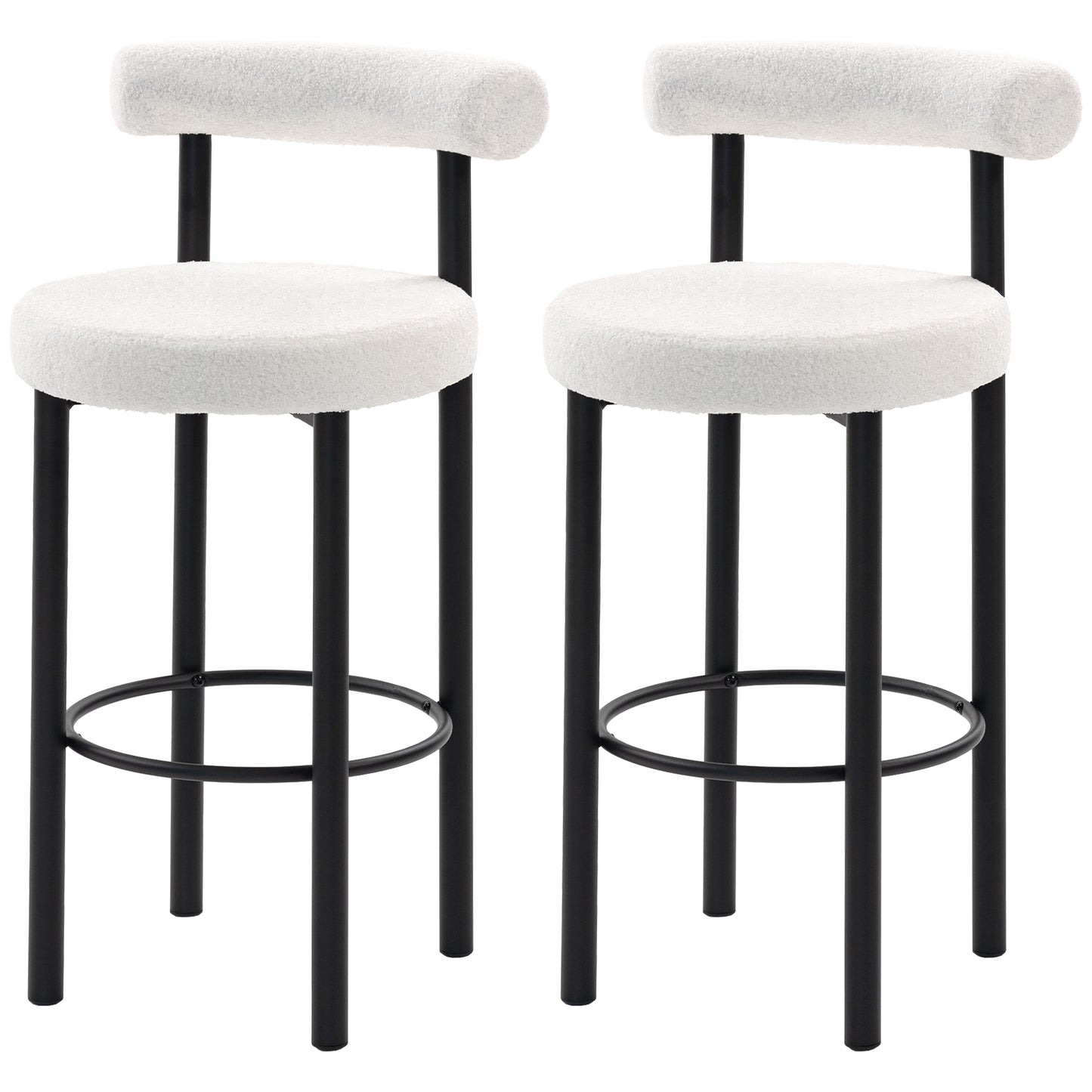 Bar Stools Set of 2, Sherpa Upholstered Barstools with Backrest, Bar Height Stools with Footrest for Kitchen Island