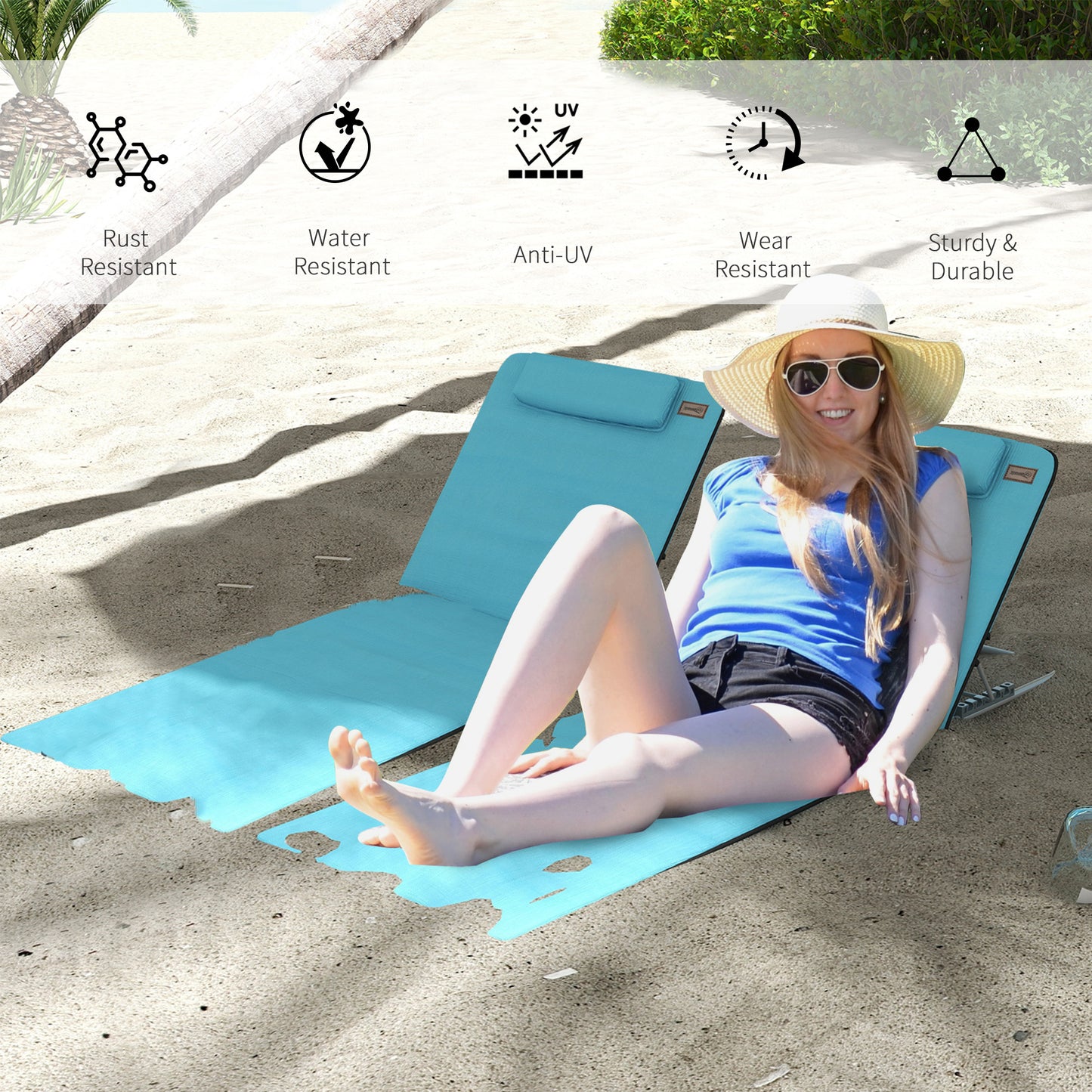 2 Pieces Beach Lounge Chair, Outdoor Folding Chaise Lounge Set w/ Pillow for Sunbath, Snap, Blue