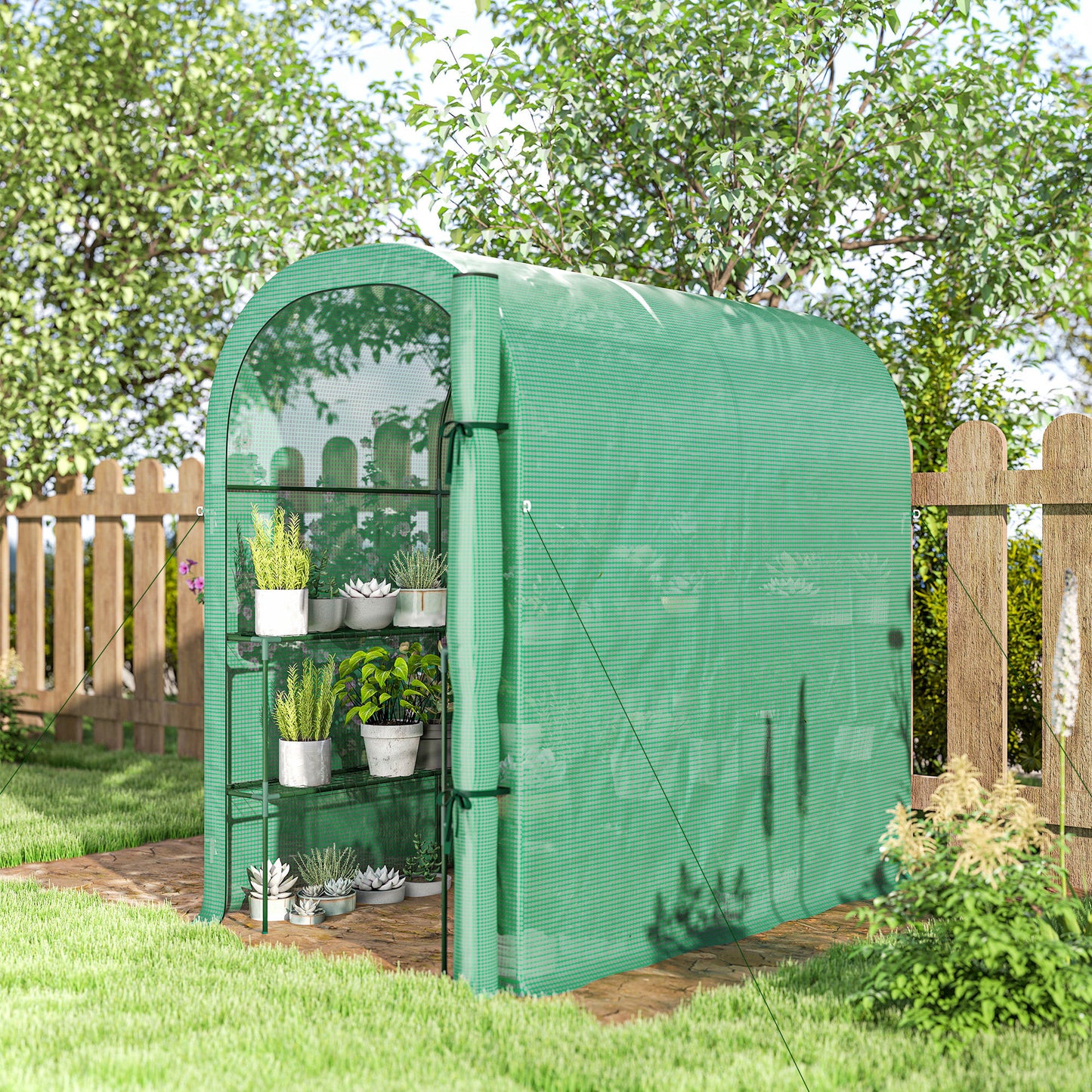 Walk-in Mini Greenhouse with Shelves, Portable Outdoor Greenhouse with Roll-up Door, 123 x 187 x 189 cm, Green