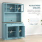 71" Pantry Cabinet with Microwave Space, Buffet with Hutch, 2 Drawers, Adjustable Shelves and Glass Doors, Blue