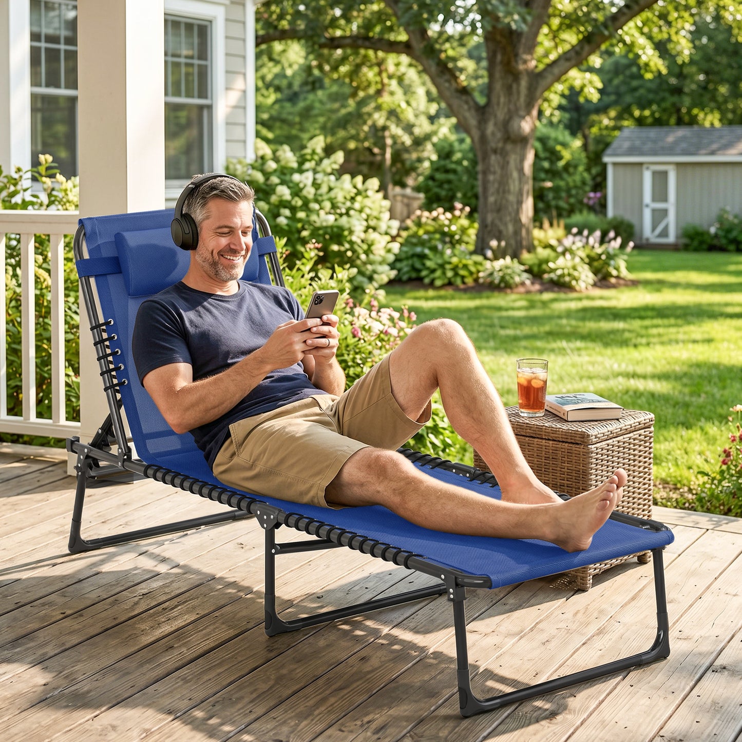 Outdoor Folding Lounge Chair, 4-Level Adjustable Chaise Lounge, Tanning Chair Beach Bed Reclining Lounger Cot for Camping, Hiking, Backyard, Navy Blue