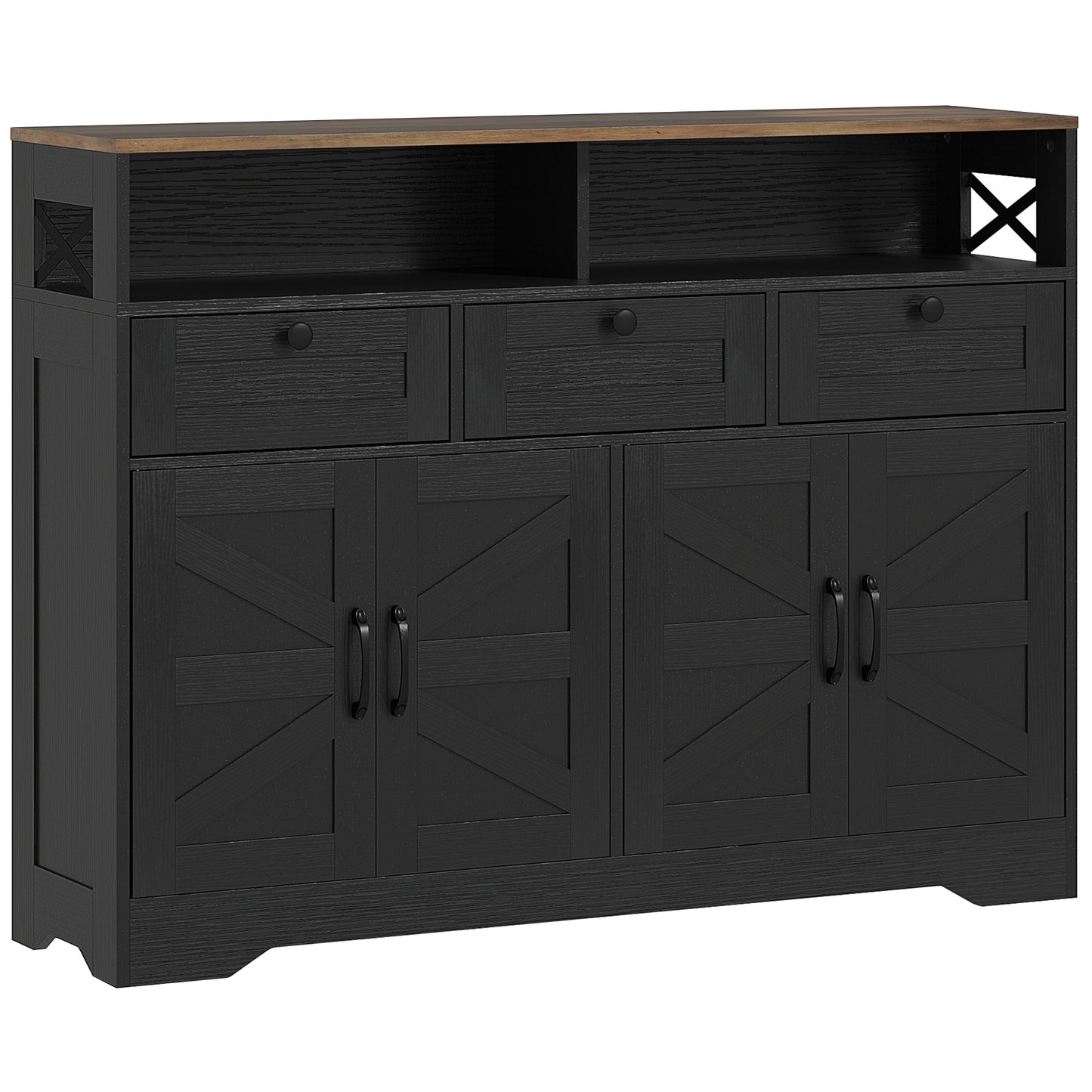 Sideboard, Buffet Cabinet with 4 Barn Doors and 3 Drawers, Coffee Bar Cabinet with Adjustable Shelves, Black