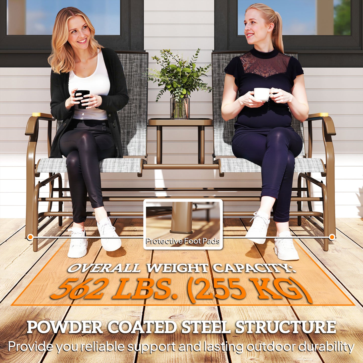 Outdoor 2-Person Glider Bench, Outside Swing Glider Chair Loveseat with Breathable Mesh, Table, Steel Frame