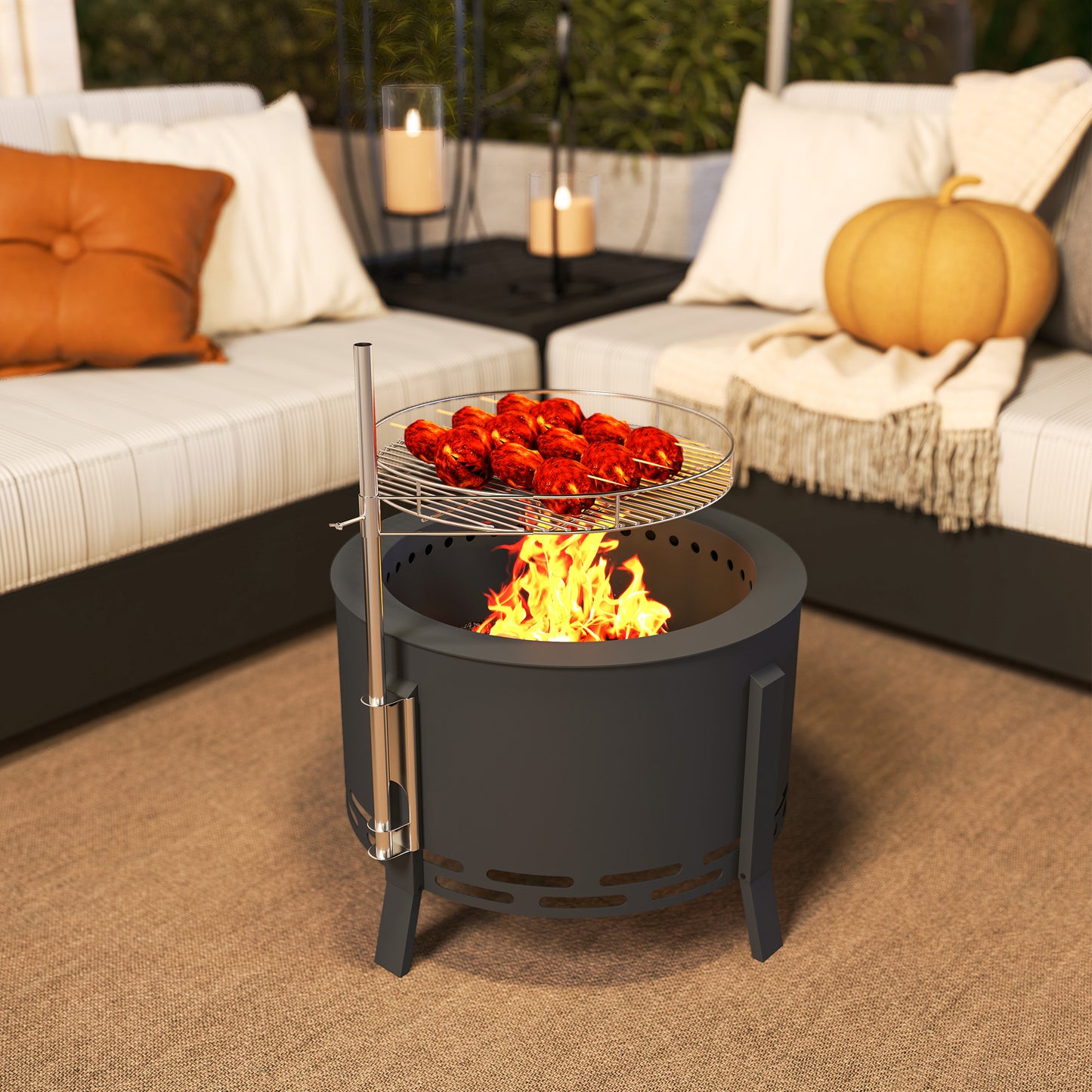 Outdoor Fire Pit, Round Firepit with Grill Grate, Fire Bowl with Ash Catcher and Poker for Backyard Camping Bonfire Picnic, Black