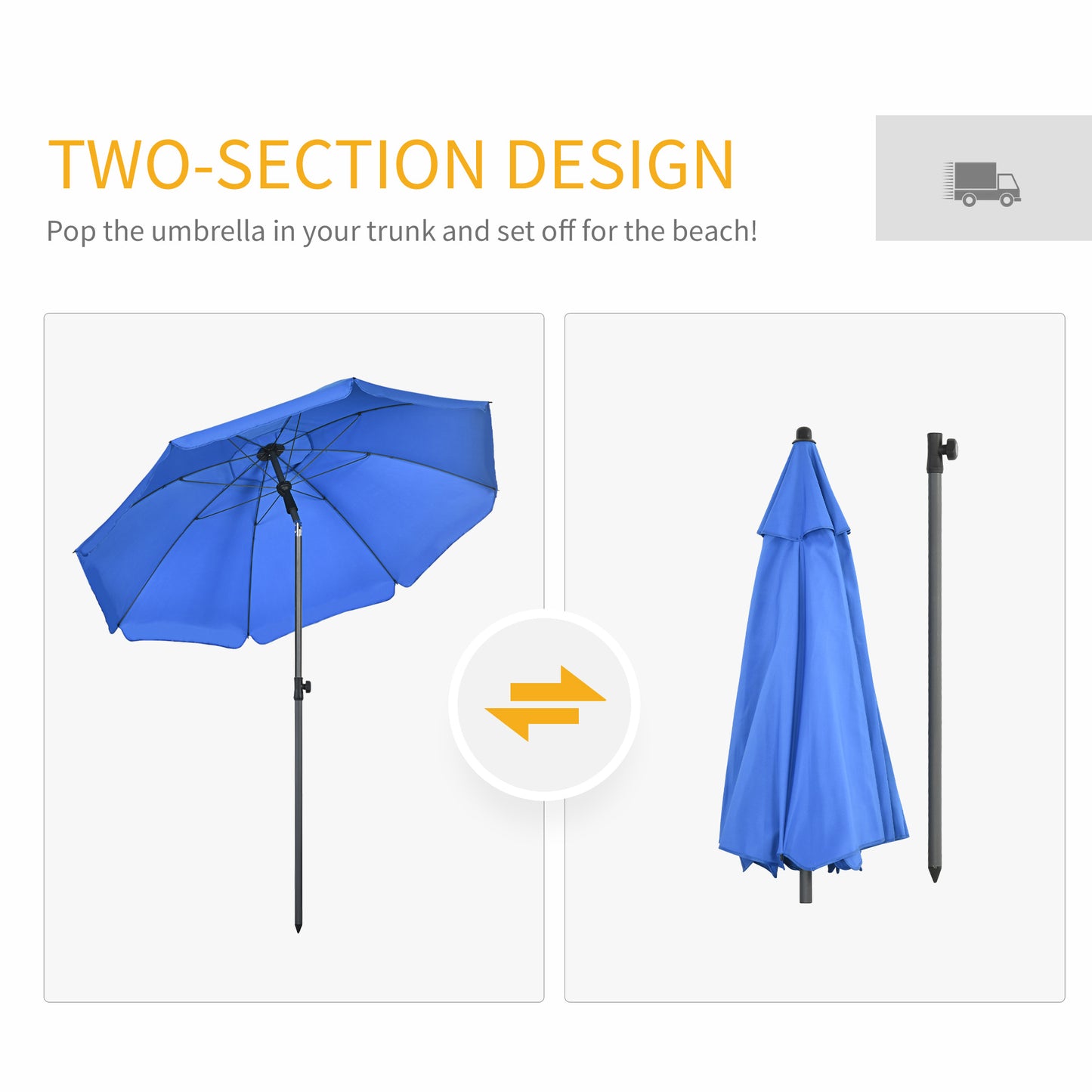 6ft Beach Umbrella, Outdoor Sun Shade Parasol with Push Button Tilt, Ruffled UV50+ Vented Canopy, Blue