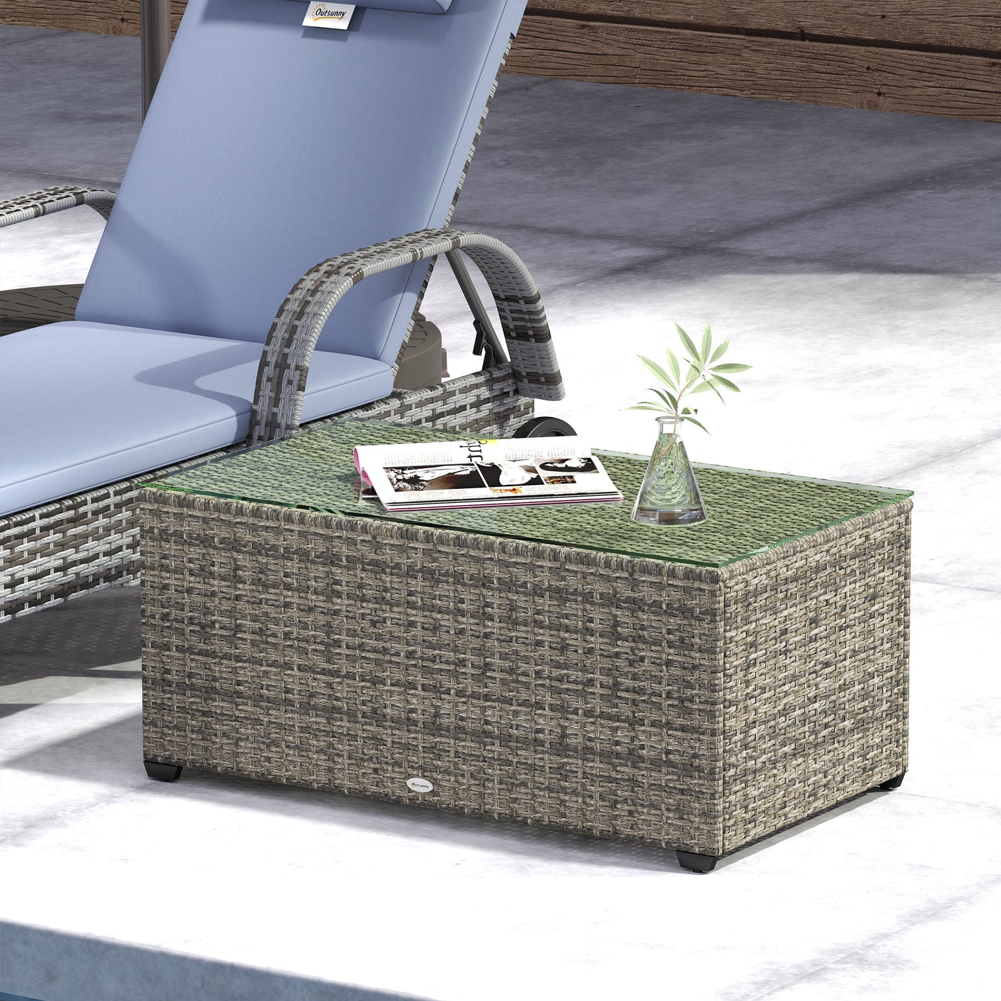 Wicker Outdoor Coffee Table, PE Wicker Rectangular Patio Table with Tempered Glass Top for Garden, Balcony, Dark Grey