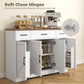 47" Buffet Cabinet with Soft-Close Hinges, Farmhouse Sideboard with 3 Drawers, Adjustable Shelves and Spice Racks, White