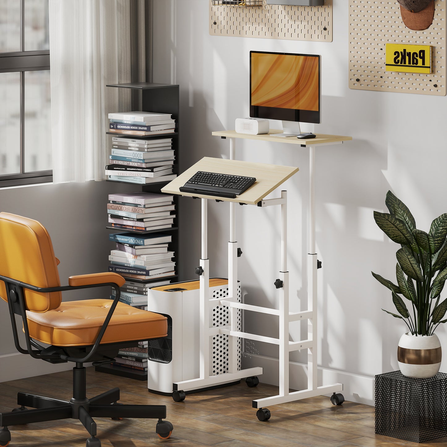 Stand Up Desk, Height & Angle Adjustable Computer Desk with Wheels for Standing or Sitting, Laptop Table, Natural