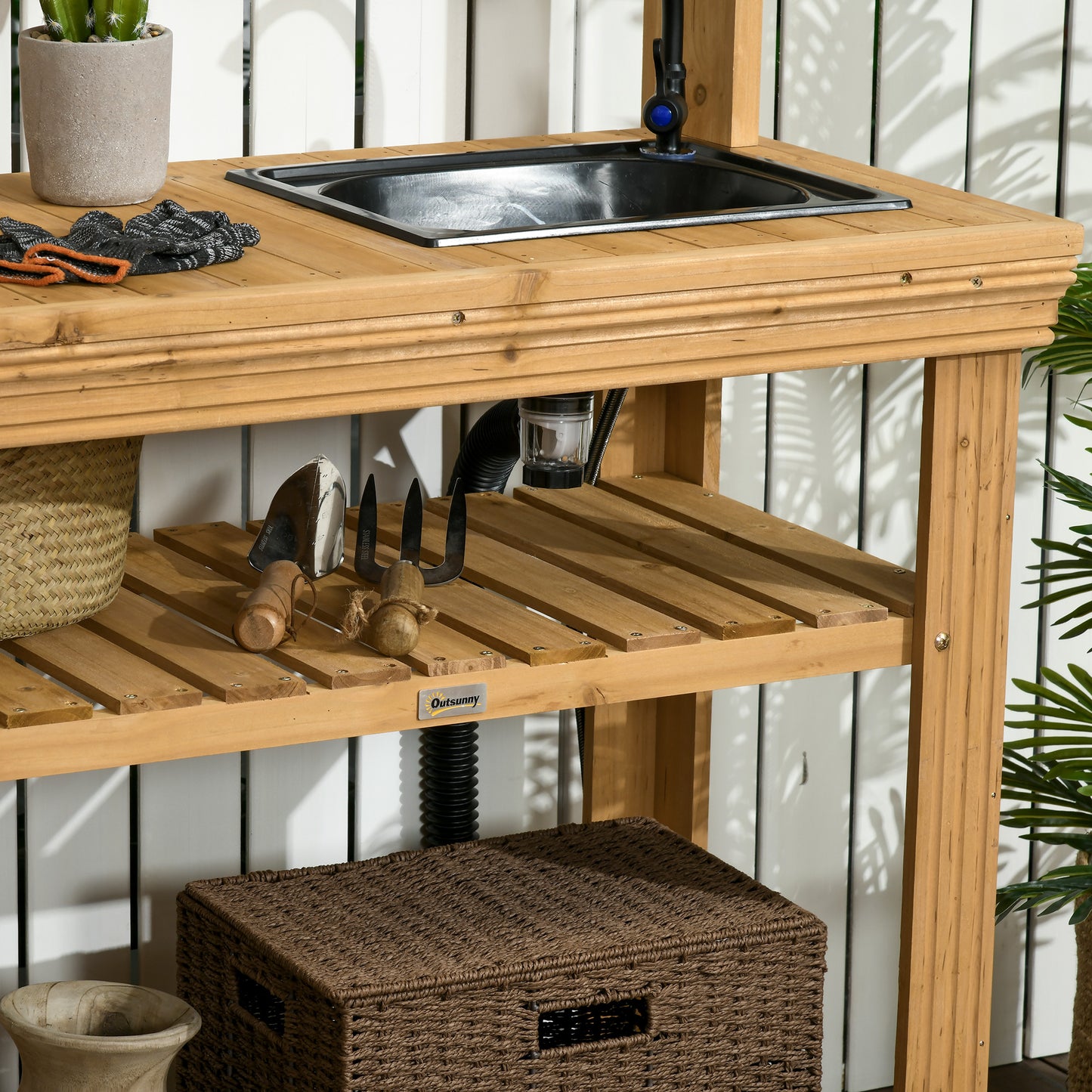 Outdoor Potting Bench Table with Faucet, Removable Sink, Hooks and Storage Shelves, Wood Work Bench Workstation for Greenhouse, Garden, Patio, Yellow