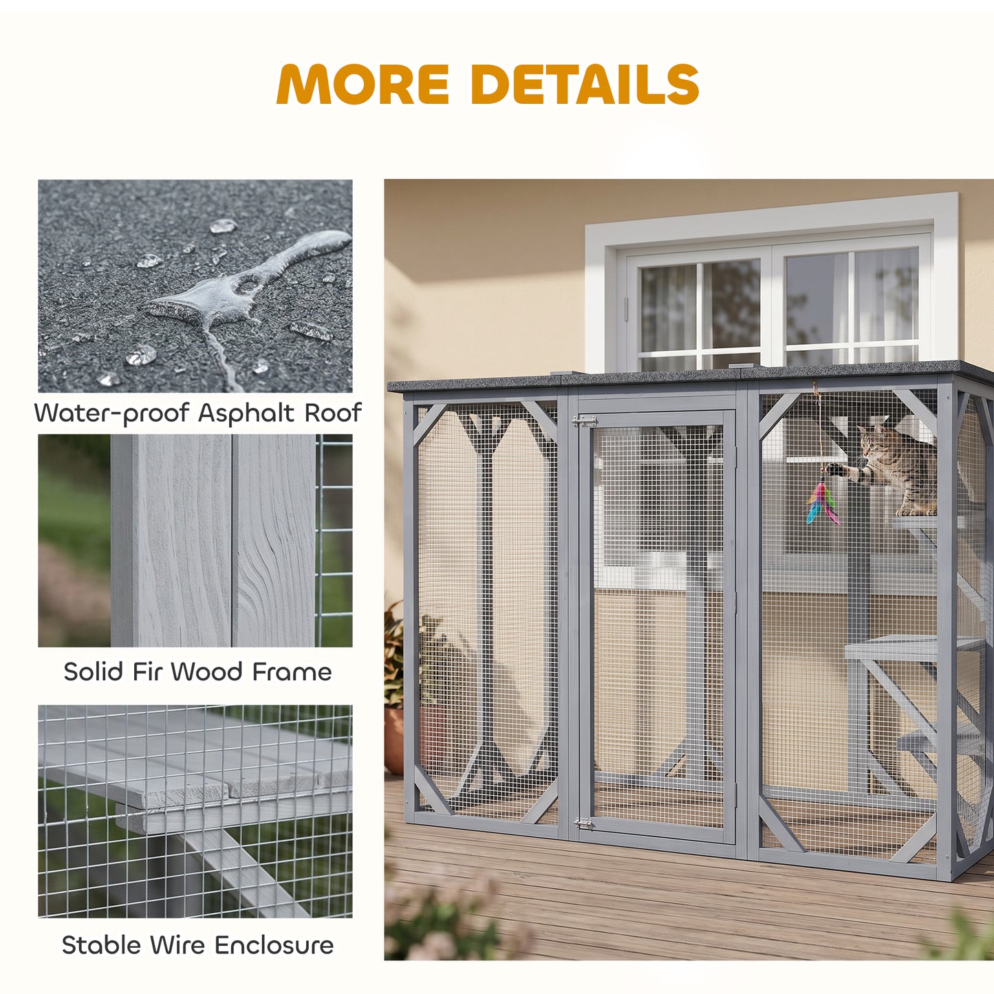 44.1" H Cat Cage, Indoor Outdoor Wooden Enclosure Pet House, Small Animal Cage Hutch, Suitable for Rabbit, Dogs, Kitten, Crate Kennel with Waterproof Roof, Multi-Level Platforms, Lock, Grey