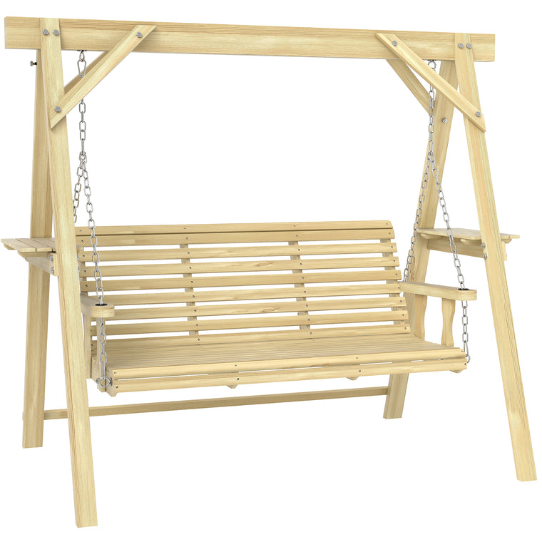3-Seat Wooden Porch Swing with Stand and Side Tables