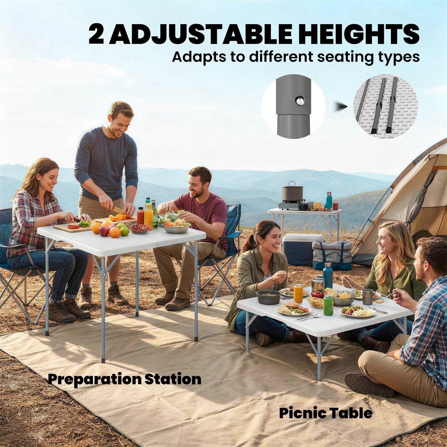 Folding Picnic Table Heavy Duty Camping Table 34" x 34", Indoor Outdoor Use for Picnic, Beach, BBQ, White