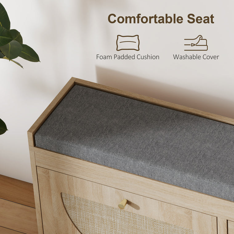 Shoe Bench with Cushion & Flip Doors - Natural Wood