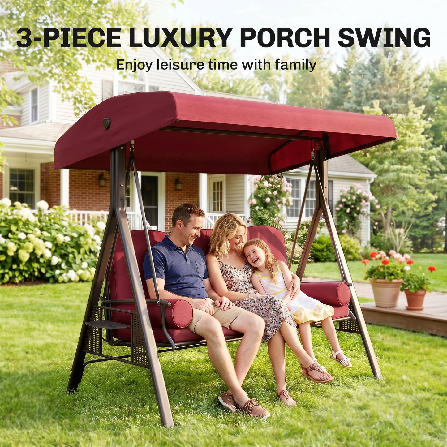 Outdoor Patio 3-Person Steel Canopy Cushioned Seat Bench Swing with Included Side Trays & Padded Comfort, Wine Red