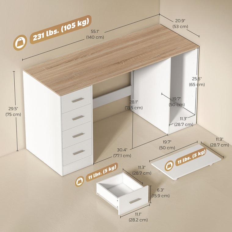 55" Computer Desk with 4 Reversible Drawers - White Wood Grain