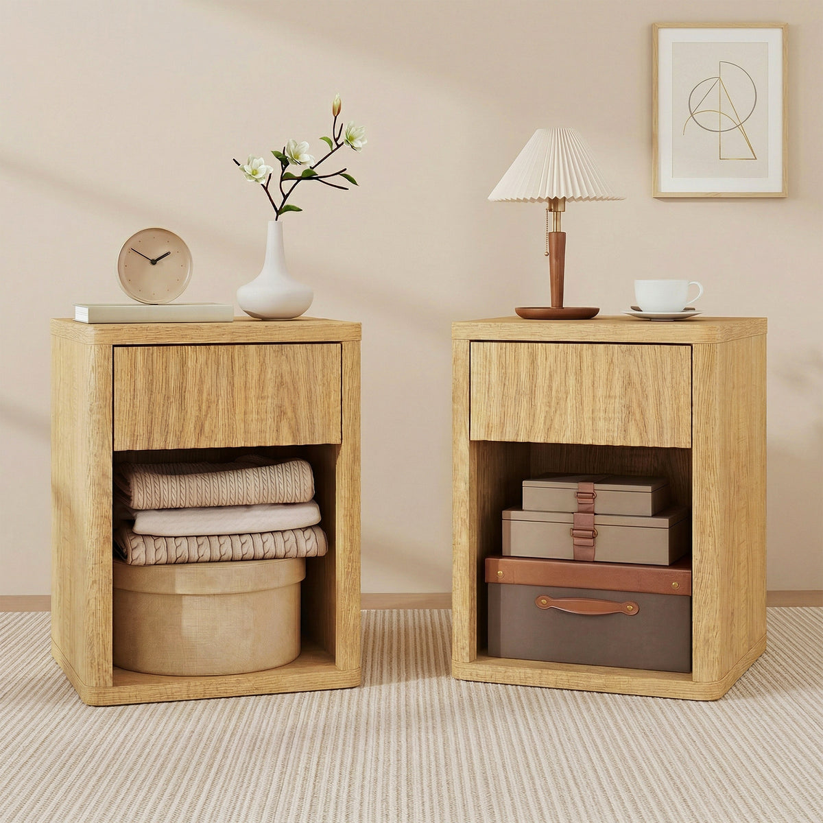 Nightstand with Drawer and Open Shelf, Modern Bedside Table Set of 2 for Bedroom Living Room, Oak