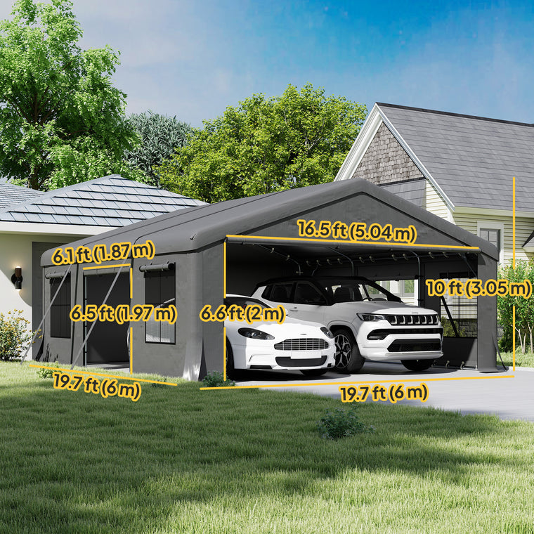 20' x 20' Dark Grey Carport with Roll-Up Doors & Windows