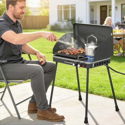 2-in-1 Camping Stove & Gas Griddle with Detachable Legs