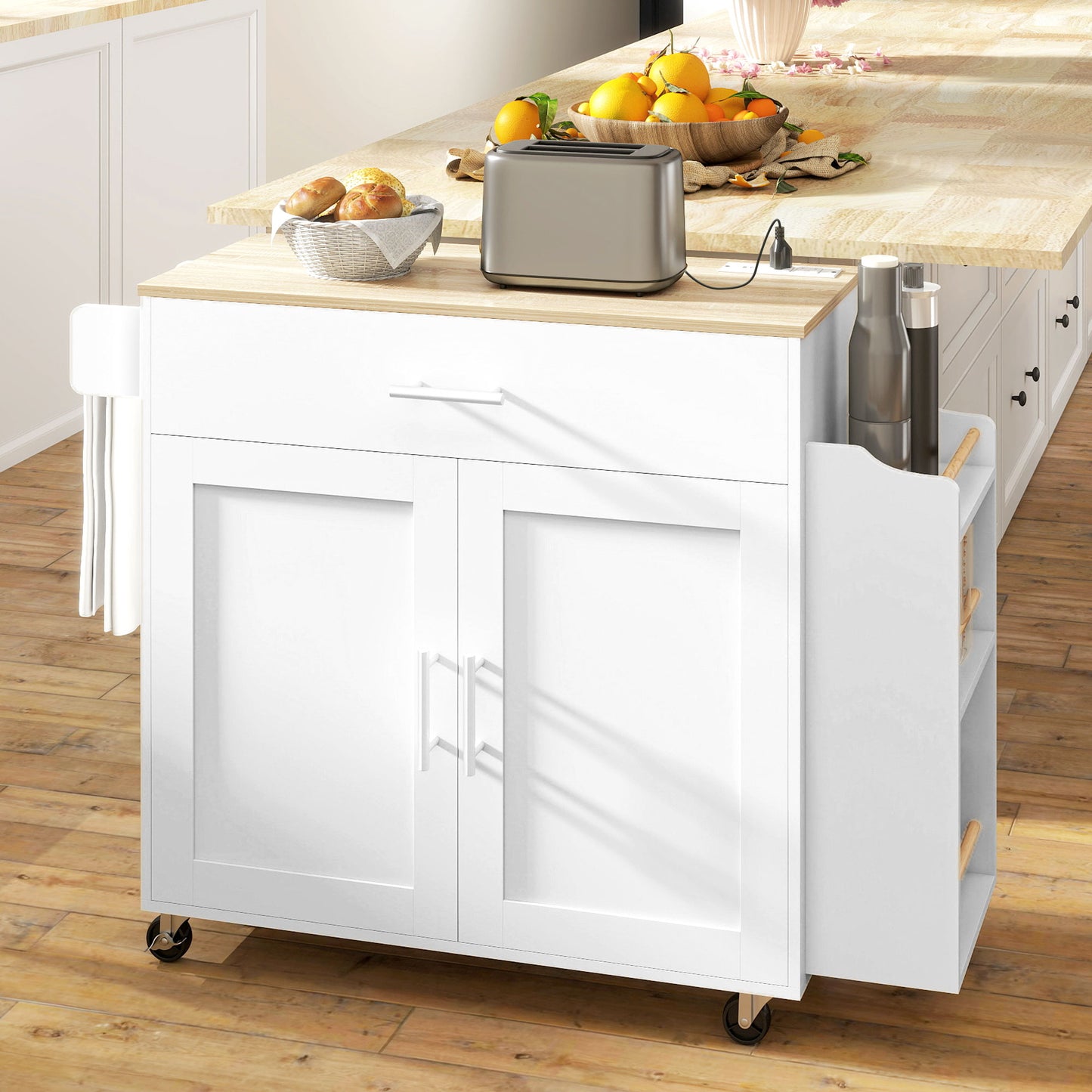 Kitchen Island with Storage, Rolling Kitchen Cart with Foldable Drop Leaf, Power Outlet and USB Ports, White