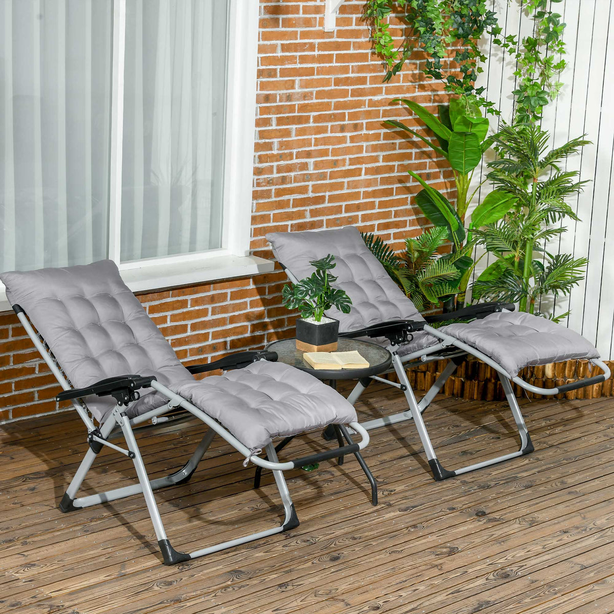 Folding Garden Chairs Set of 2, Reclining Zero Gravity Chair, Sun Lounger with Cushion and Headrest, Khaki - Dark Grey