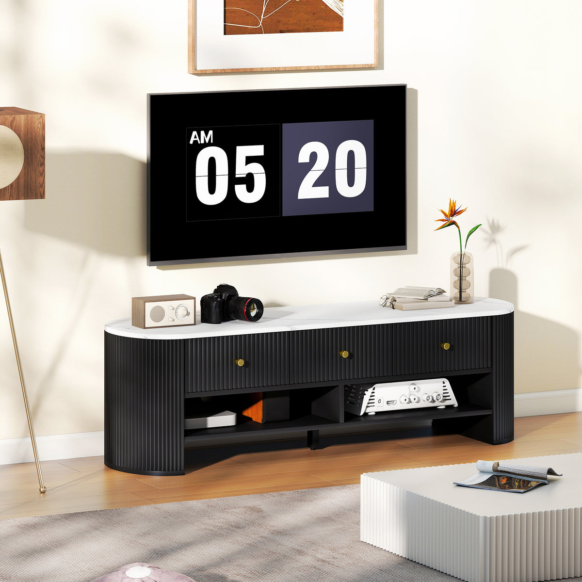 TV Stand, Modern TV Table with Marble-Effect Top, 3 Drawers and 2 Open Shelves for 32-65 Inch Television, Black