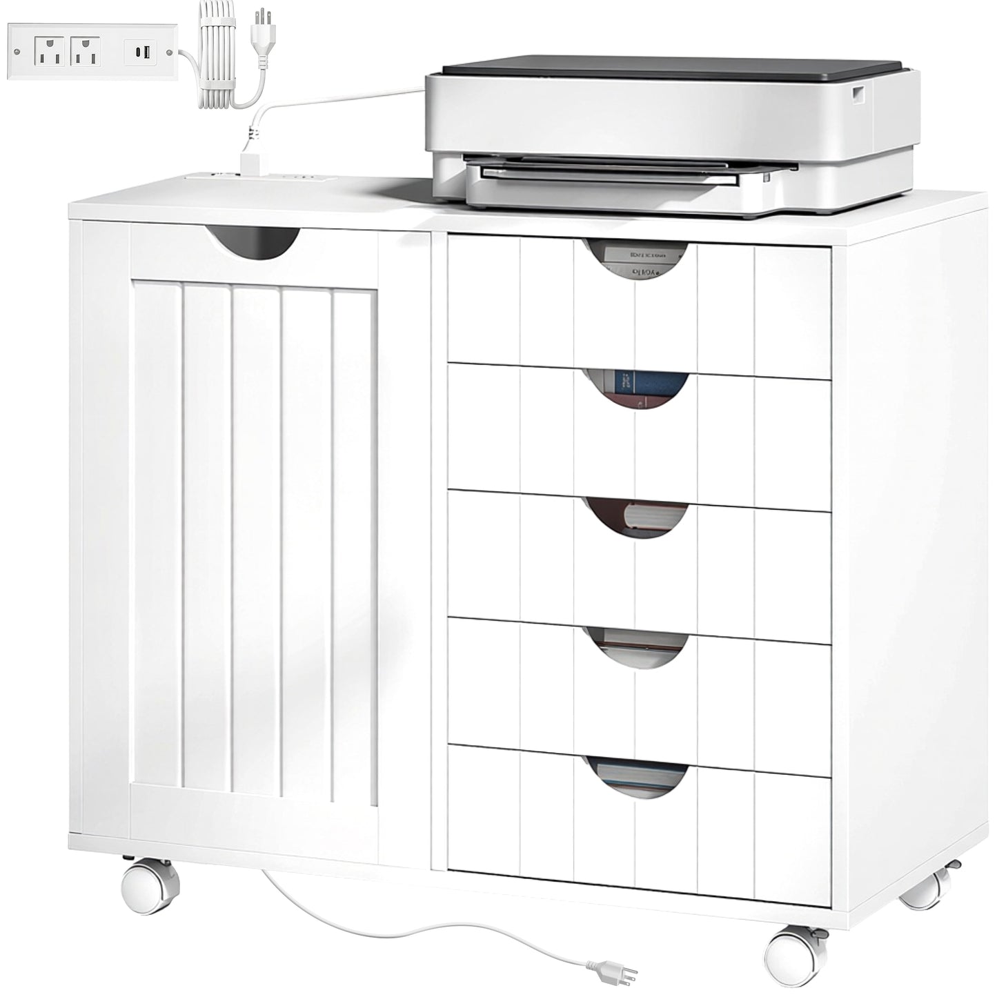 Mobile Lateral Filing Cabinet with 5 Drawers, Printer Stand with Power Outlets and USB Ports for Home Office, White
