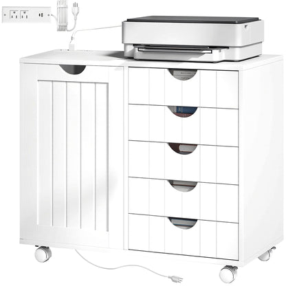 5-Drawer Mobile Lateral Filing Cabinet with USB - White