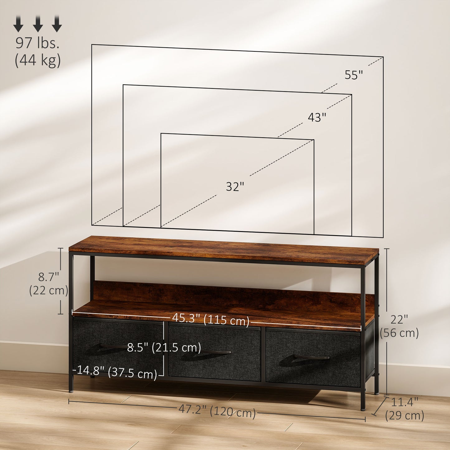 TV Stand with Charging Station, TV Table with 3 Foldable Linen Drawers and Open Shelf for 55 Inch Television, Rustic Brown