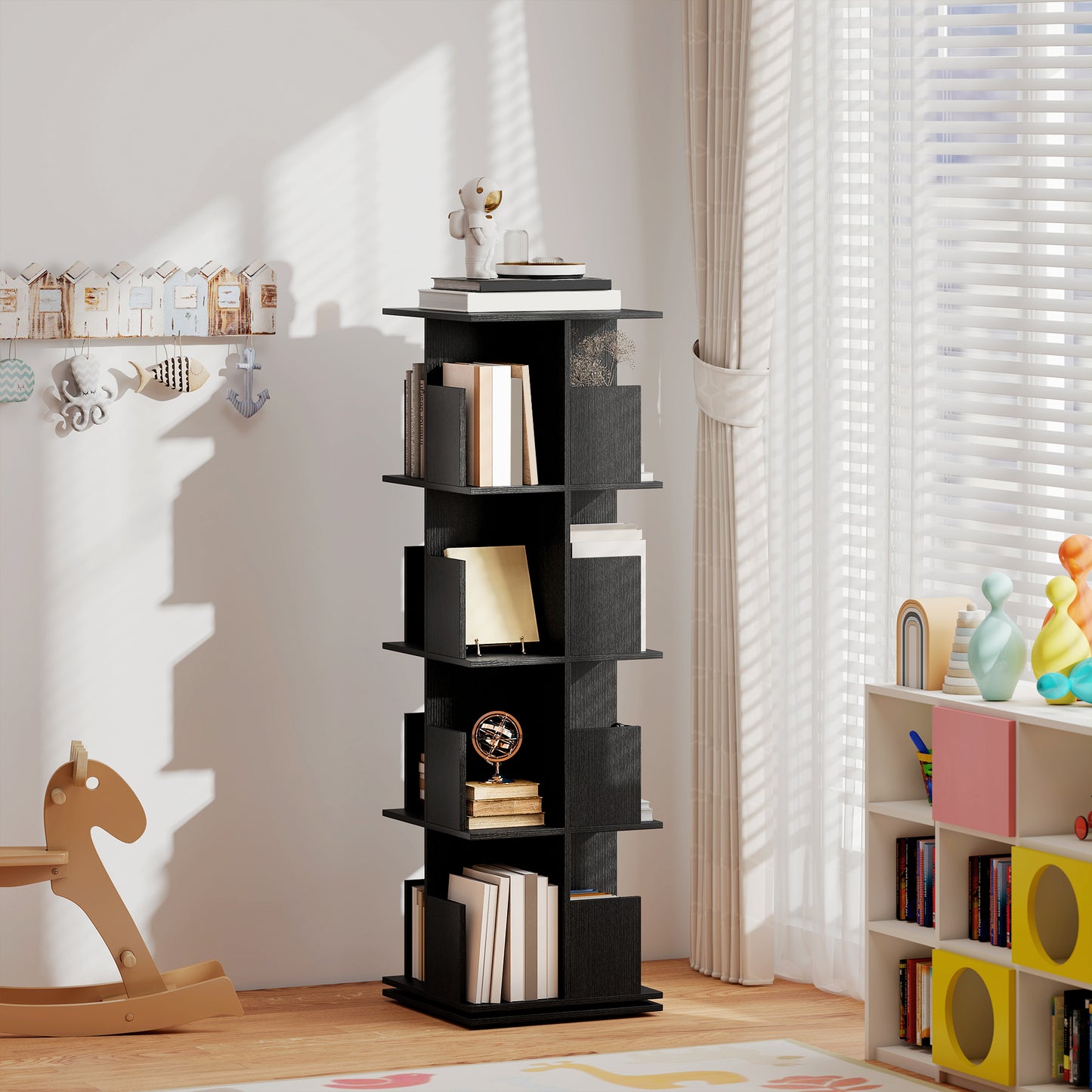 360° Rotating Bookcase with Anti-Tipping Straps and Anti-Slip Foot Pads, 4-Tier Bookshelf with 16 Cubbies, Black
