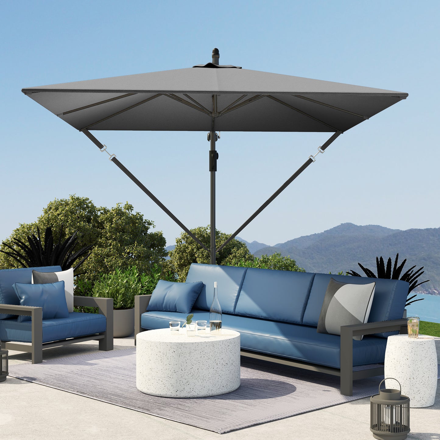 Patio Offset Umbrella UPF 50+ UV Protection, Crank Parasol with Base, Cover & Wind Securing, Khaki