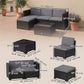 5 Piece Patio Furniture Set, L-Shape Wicker Outdoor Sectional with 3 Chairs, Ottoman, Glass Table, Cushions, Grey