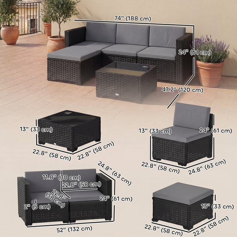 5-Piece L-Shape Wicker Sectional with Ottoman & Glass Table