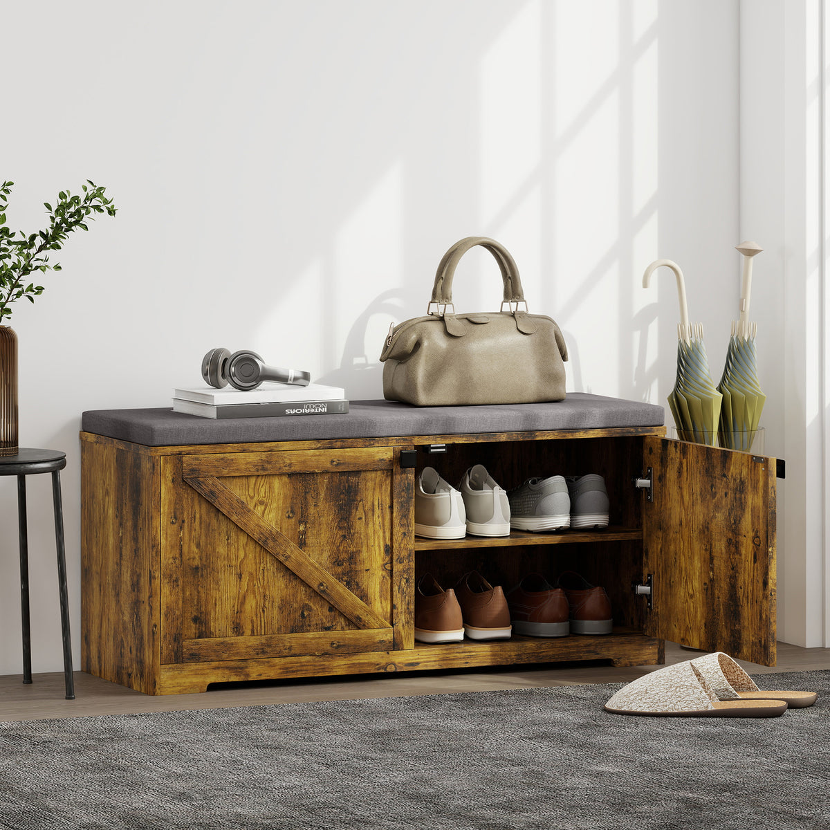 Shoe Storage Bench with Padded Seat, Entryway Bench Holds up to 352 lb, Shoe Organizer, 8 Pairs, Rustic Brown