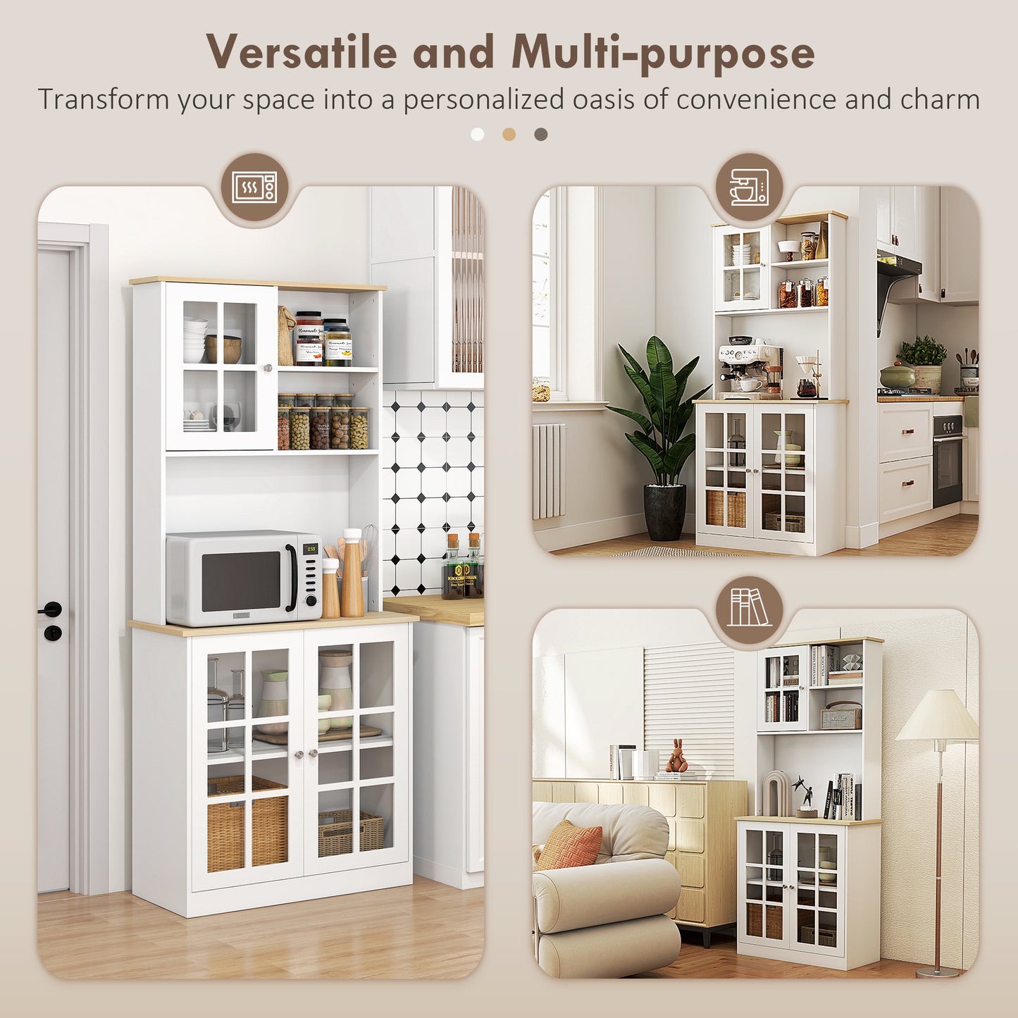 Kitchen Buffet with Hutch, Storage Pantry with 3 Cabinets, 2 Open Shelves and Large Countertop, White
