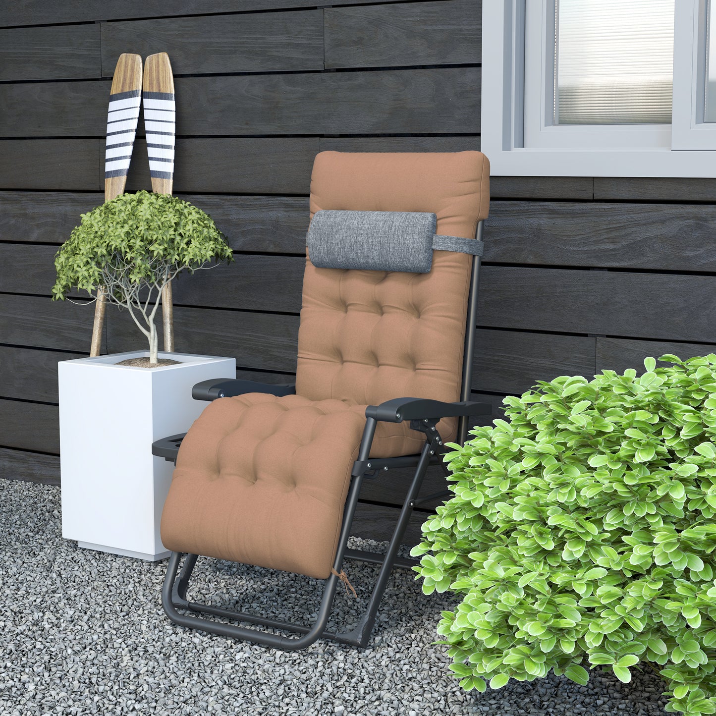 Padded Folding Recliner Chair, Patio Lounger with Cupholder, Adjustable Backrest, Removable Cushion, Navy Blue