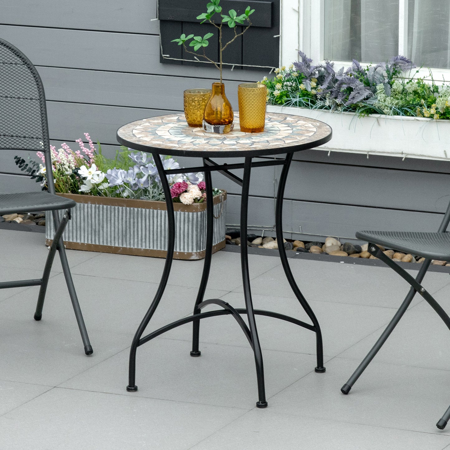 Mosaic Patio Table, Round Coffee Table with Metal Frame, Garden Furniture for Outdoor, Poolside, Black - Green