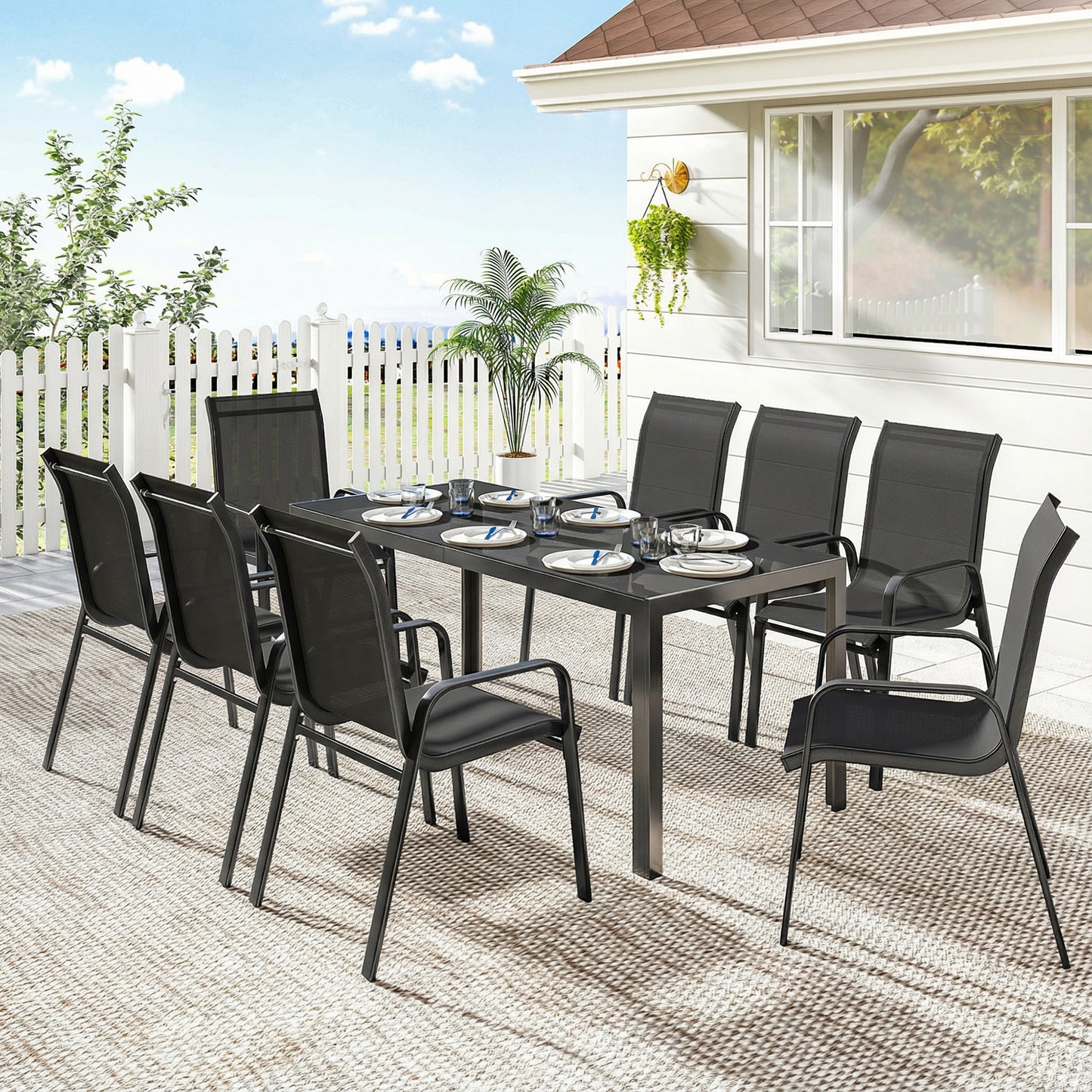 9 Pieces Patio Set with Stackable Chairs, Patio Dining Set with Glass Top for Garden, Patio, Backyard, Black