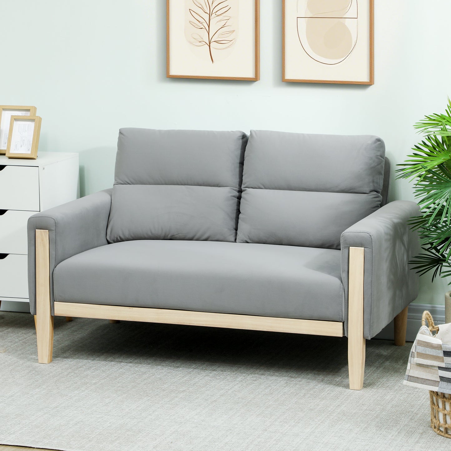 53" Loveseat Sofa, Small 2 Seater Couch with Solid Wood Legs, Modern Velvet Sofa for Living Room, Small Spaces, Grey