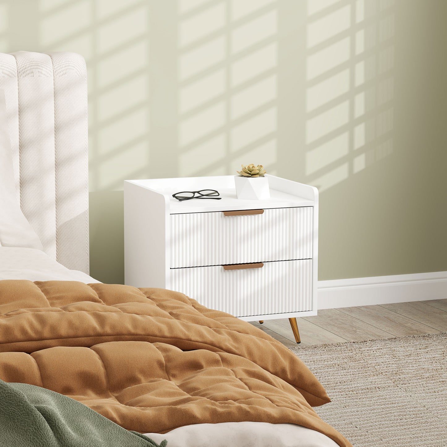 Bedside Table, Nightstand with 2 Drawers, Side End Table with Metal Legs for Bedroom, White